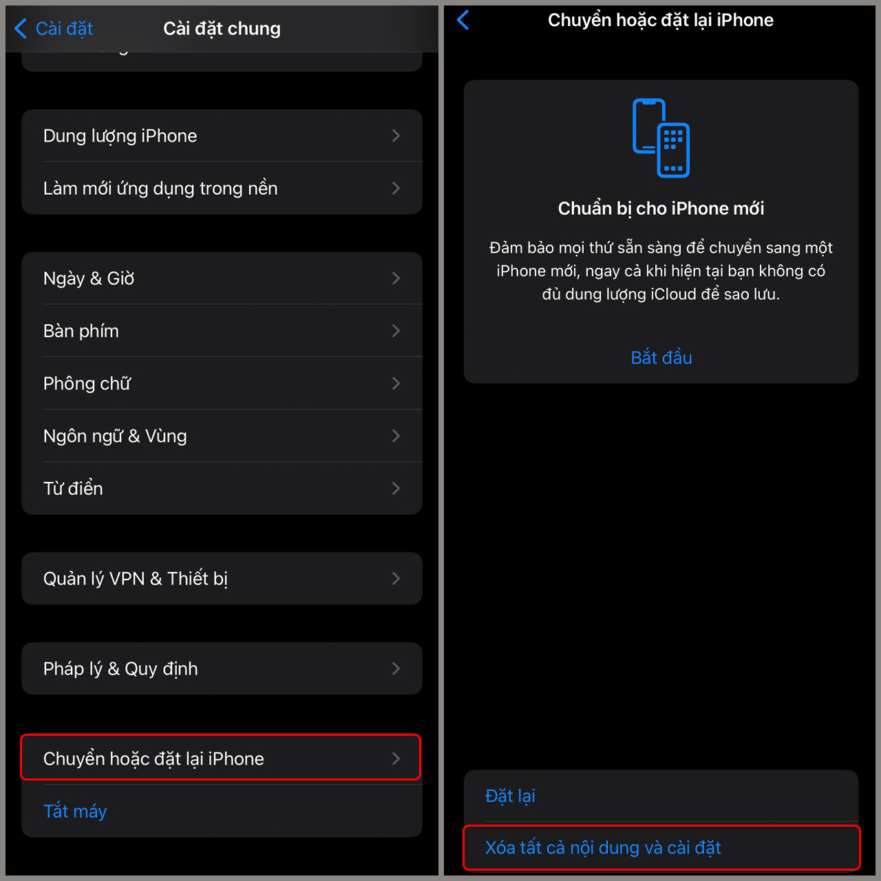 Bước 2: Chuyển hoặc đặt lại iPhone => nếu muốn xóa hết mọi dữ liệu, hãy chọn Xóa tất cả nội dung và cài đặt.